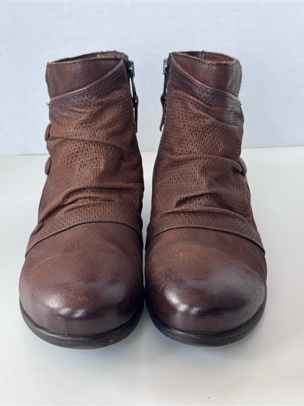 Miz Mooz Sallie Brown Leather Ruched Ankle Moto Buttons Boots Women’s Size 39